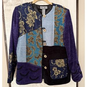Indigo Moon Vtg 90's Womens Blue Patchwork Embroidered Floral Jacket Chenille XS